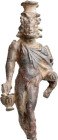 Roman Bronze Zeus Epikarios; Roman Bronze Zeus Epikarios, ca. 1st Century AD. Chief deity of Zela Pontus. 
The muscular god depicted nearly nude with...