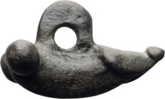 Roman Bronze Phallic Amulet; Roman Bronze Phallic Amulet, ca 1st-3rd Century AD. Bronze phallic apotropaic pendant. L. 1 1/2" (3.8 cm)..