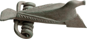 Roman Bronze Zoomorphic Bird Fibula; Roman Bronze Zoomorphic Bird Fibula, ca. 2nd Century AD. The body of the bird is solid cast, with a heavy extende...