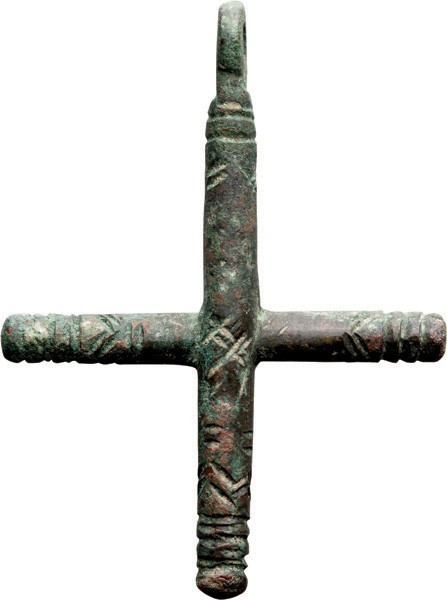 Roman Christian Bronze Cross; Roman Christian Bronze Cross, Early Barbarian. A v...