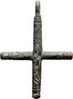 Roman Christian Bronze Cross; Roman Christian Bronze Cross, Early Barbarian. A very early Christian cross, probably Barbarian. Inscribed with geometri...