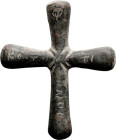 Byzantine Bronze Cross; Byzantine Bronze Cross, ca. 7th-11th Century AD. Smoothed, rounded edges, one side of the cross with inscription. L. 2" W. 1 5...