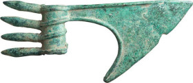 Luristan Bronze Axehead; Luristan Bronze Axehead, ca. 2nd Millennium BC. Bronze axe head with four butt spikes projecting from the cylindrical shaft s...