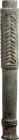 Luristan Bronze Mace Head; Luristan Bronze Mace Head, ca. 800 BC. Slender hollow cast tube. On the upper end three vertical bands divide the circumfer...