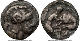 CALABRIA. Tarentum. Ca. 3rd century BC. AR diobol (10mm, 12h). NGC Choice Fine, edge filing. Ca. 325-280 BC. Head of Athena right, wearing crested Att...