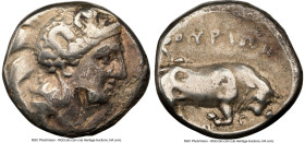 LUCANIA. Thurium. Ca. 350-300 BC. AR stater (18mm, 6h). NGC Fine, test cut. Helmeted head of Athena right, bowl decorated with Skylla throwing stone /...