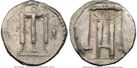 BRUTTIUM. Croton. Ca. 480-430 BC. AR stater (20mm, 11h). NGC Choice VF. ϘPO, tripod with leonine feet; heron standing left in right field, dotted bord...