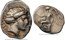 BRUTTIUM. Terina. Ca. 350-300 BC. AR drachm (16mm, 2h). NGC Choice Fine, edge chips. TEPI, head of nymph right, wearing beaded necklace / Nike seated ...