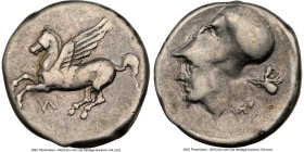 ACARNANIA. Leucas. Ca. 4th-3rd centuries BC. AR stater (20mm, 8.45 gm, 5h). NGC Choice Fine 3/5 - 4/5, flan flaw. Pegasus flying left, Λ below / Head ...