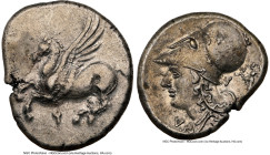 CORINTHIA. Corinth. Ca. 4th century BC. AR stater (21mm, 8.55 gm, 11h). NGC Choice XF 4/5 - 4/5. Pegasus with pointed wing flying left, Ϙ below / Head...