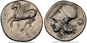 CORINTHIA. Corinth. Ca. 4th century BC. AR stater (20mm, 8.57 gm, 5h). NGC Choice VF 4/5 - 4/5, die shift. Pegasus with pointed wing flying left; Ϙ be...