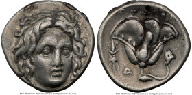CARIAN ISLANDS. Rhodes. Ca. 305-275 BC. AR didrachm (19mm, 11h). NGC Choice VF. Head of Helios facing, turned slightly right, hair parted in center an...