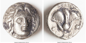 CARIAN ISLANDS. Rhodes. Ca. 305-275 BC. AR didrachm (18mm, 6.46 gm, 12h). VF. Head of Helios facing, turned slightly right, hair parted in center and ...
