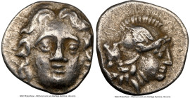 PISIDIA. Selge. Ca. 4th century BC. AR obol (9mm, 8h). NGC Choice VF. Head of gorgoneion facing with flowing hair / Head of Athena right, wearing cres...