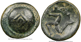 PISIDIA. Selge. Ca. 2nd-1st centuries BC. AE (19mm, 11h). NGC VF, overstruck. ΠO monogram, dotted border / Triskeles. SNG von Aulock 5298. HID09801242...