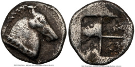 ASIA MINOR. Uncertain mint. Ca. 5th century BC. AR hemiobol (8mm). NGC Choice VF. Uncertain mint, perhaps Cyme. Head of horse right, neck ending in be...