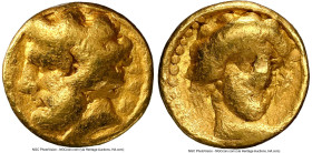 CYRENAICA. Cyrene. Ophellas (ca. 322/1-308 BC). AV 1/10th stater (7mm, 0.84 gm, 1h). NGC VG 5/5 - 4/5. Chai-, magistrate. XAI, head of Zeus-Ammon left...