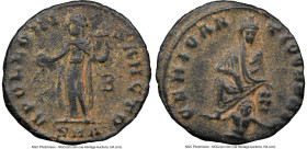 Time of Maximinus II (AD 308-313), "Great Persecution" issue. AE quarter nummus (15mm, 1h). NGC XF. Antioch, 2nd officina, ca. AD 310-313. GENIO AN-TI...