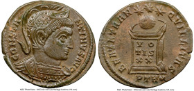 Constantine I the Great (AD 307-337). AE3 or BI nummus (19mm, 1h). NGC AU. Trier, 1st officina, AD 322-323. CONSTA-NTINVS AVG, helmeted, cuirassed bus...