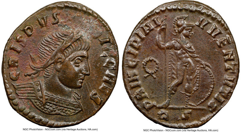 Crispus (AD 316-326). BI follis or reduced nummus (20mm, 11h). NGC AU. Rome, 5th...