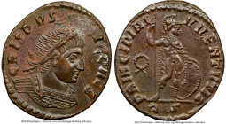 Crispus (AD 316-326). BI follis or reduced nummus (20mm, 11h). NGC AU. Rome, 5th officina, AD 317-318. CRISPVS NOBIL CAES, laureate, cuirassed bust of...