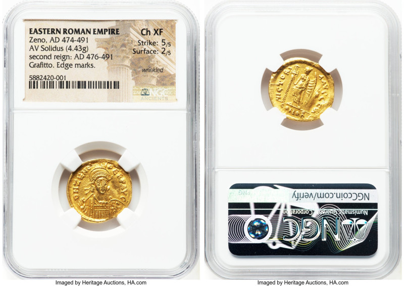 Zeno, Eastern Roman Empire (AD 474-491). AV solidus (19mm, 4.43 gm, 7h). NGC Cho...