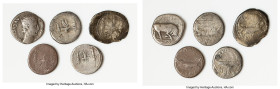 ANCIENT LOTS. Mixed. Lot of five (5) AR denarii. Good-VG, scratches. Includes: Five AR denarii, various issuers and types. SOLD AS IS, NO RETURNS. HID...