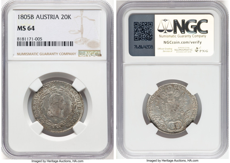 Franz II (I) 20 Kreuzer 1805-B MS64 NGC, KM2140. HID09801242017 © 2024 Heritage ...