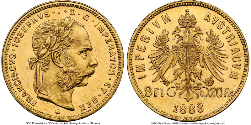 Franz Joseph I gold 8 Gulden (20 Franken) 1888 MS62 PL NGC, Vienna mint, KM2269....