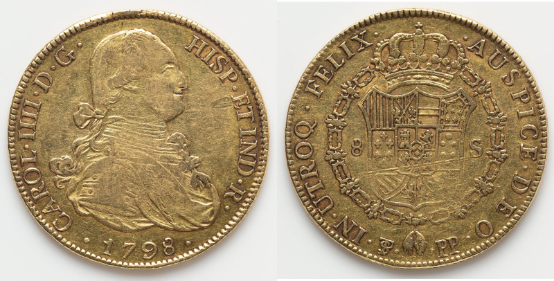 Charles IV gold 8 Escudos 1798 PTS-PP XF, Potosi mint, KM81. 36.9mm. 26.94gm. HI...