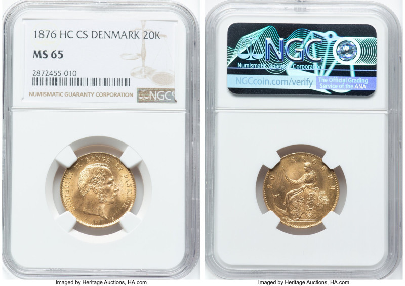 Christian IX gold 20 Kroner 1876 (h)-HC/CS MS65 NGC, Copenhagen mint, KM791.1. H...