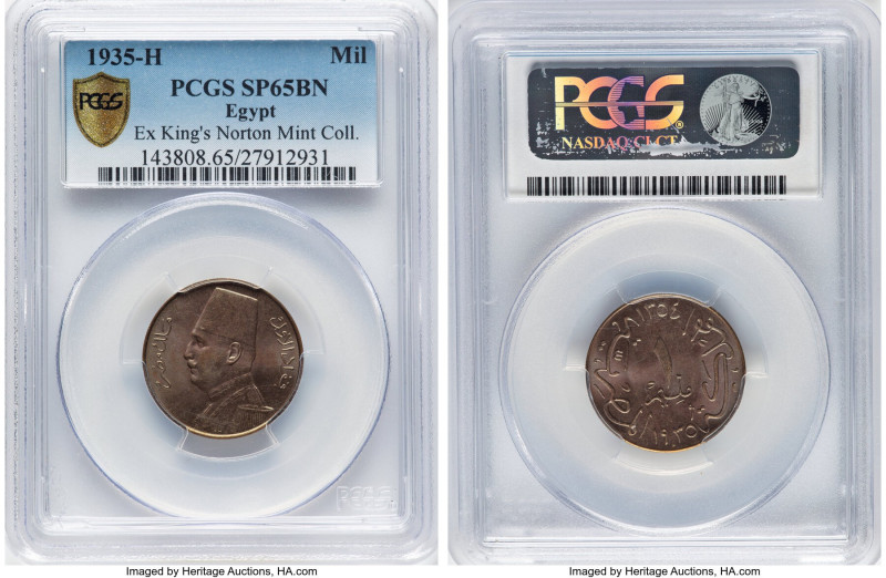 Fuad I Specimen Millieme AH 1354 (1935)-H SP65 Brown PCGS, Heaton mint, KM344. A...