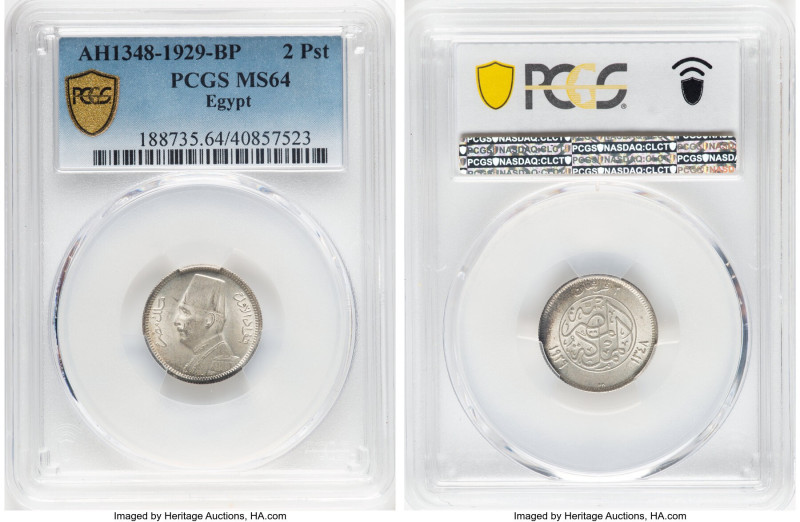 Fuad I 2 Piastres AH 1348 (1929)-BP MS64 PCGS, Budapest mint, KM348. From the Ar...