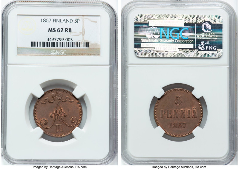 Russian Duchy. Alexander II 5 Pennia 1867 MS62 Red and Brown NGC, KM4.1. HID0980...