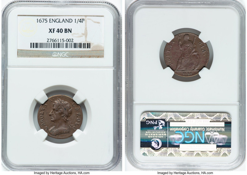 Charles II Farthing (1/4 Penny) 1675 XF40 Brown NGC, KM436.1, S-3394. HID0980124...