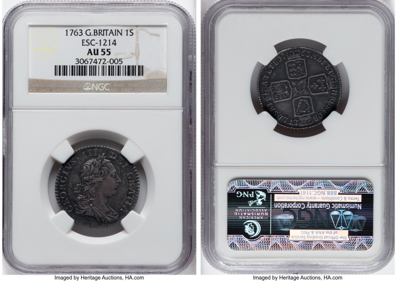 George III "Northumberland" Shilling 1763 AU55 NGC, KM597, S-3742, ESC-1214. A p...