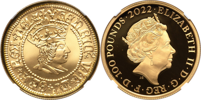 Elizabeth II gold Proof "King Henry VII" 100 Pounds (1 oz) 2022 PR70 Ultra Cameo...