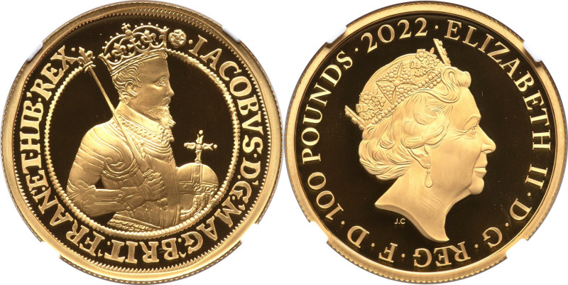 Elizabeth II gold Proof "King James I" 100 Pounds (1 oz) 2022 PR70 Ultra Cameo N...