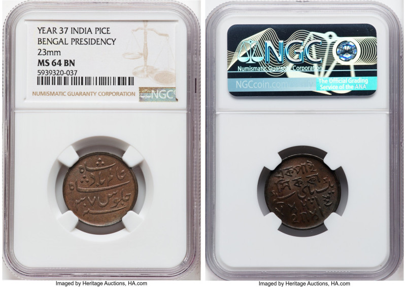 British India. Bengal Presidency Pair of Certified Pice Year 37, 1) Pice MS64 Br...