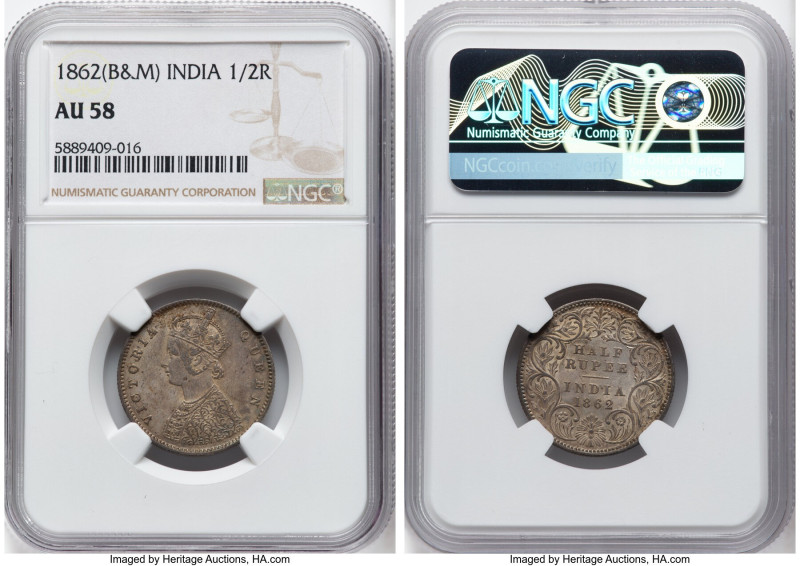 British India. Victoria 1/2 Rupee 1862-(b&m) AU58 NGC, KM472. HID09801242017 © 2...