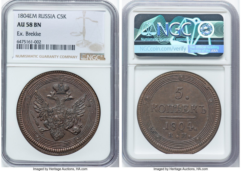 Alexander I 5 Kopecks 1804-EM AU58 Brown NGC, Ekaterinburg mint, KM-C115.1. Ex. ...