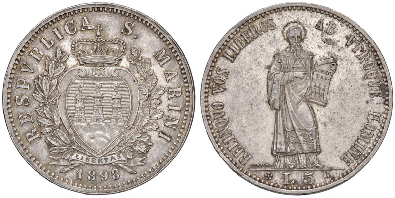 San Marino. Repubblica. Primo periodo (1864-1938). Da 5 lire 1898 AG. Pagani 357...