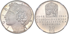 Cecoslovacchia. Repubblica (1918-1992). Da 50 corone 1968 AG. Cinquantenario dell’indipendenza. KM 65. In slab Classical Coin Grading PF 69 CAMEO, cer...