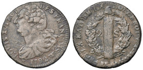 Francia. Luigi XVI (1774-1792). Re costituzionale (1791-1792). Da 2 soldi 1792-W (Lilla) CU gr. 25,42. Duplessy 1714. Raro. BB