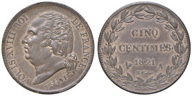 Francia. Luigi XVIII (1814-1824). Da 5 centesimi 1821-A (Parigi) AE. Essai. Gadoury 137a. Raro. SPL