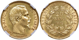 Francia. Luigi Napoleone Bonaparte presidente (1852). Da 20 franchi 1852-A (Parigi) AV. Varesi 449. Gadoury 1060. Le Franc F530/1. Friedberg 568. In s...