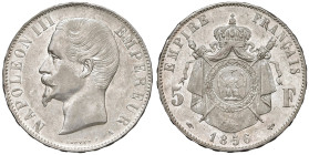 Francia. Napoleone III (1852-1870). Da 5 franchi 1856–A (Parigi) AG. Gadoury 734. Lievi colpetti sul bordo, altrimenti SPL