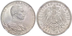 Germania. Prussia. Guglielmo II (1888-1918). Da 3 marchi 1913-A (Berlino) AG. 25° anniversario di regno. KM 535. In slab Classical Coin Grading MS 64,...