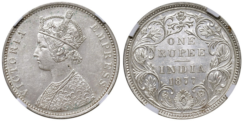 India. Impero britannico. Vittoria (1837-1901). Rupia 1877 (Calcutta) AG. KM 492...