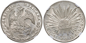 Messico. Repubblica (1823-). Da 8 reales 1879 (Guanajuato; sigle-S-M) AG. KM 377.8. In slab NGC MS 64 cert. n. 6632899-015. Fondi lucenti e conservazi...